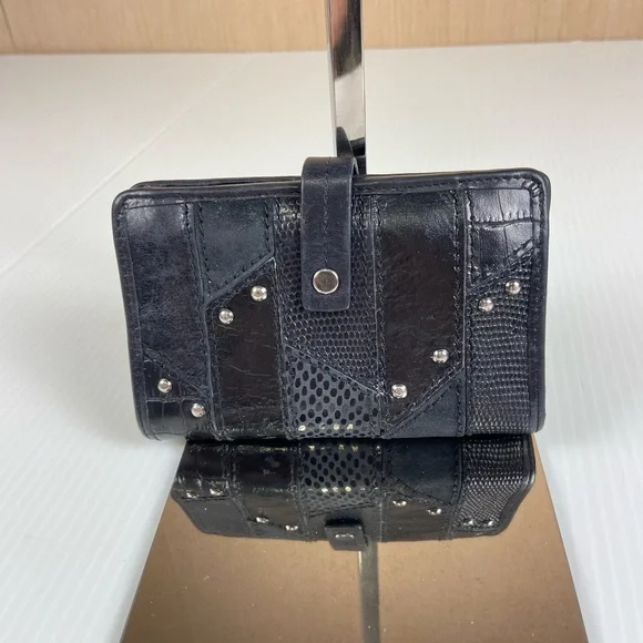 Fossil Black Genuine Leather Patchwork Studded Bifold Wallet - Picture 1 of 15